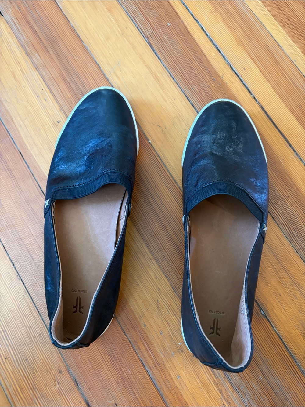 Frye Black Leather Slip-On Flats